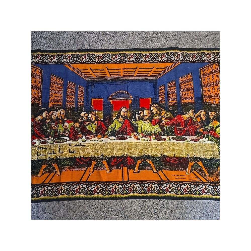 Vintage Tapestry Fabric Wall Hanging Sacred Heart Jesus Last Supper